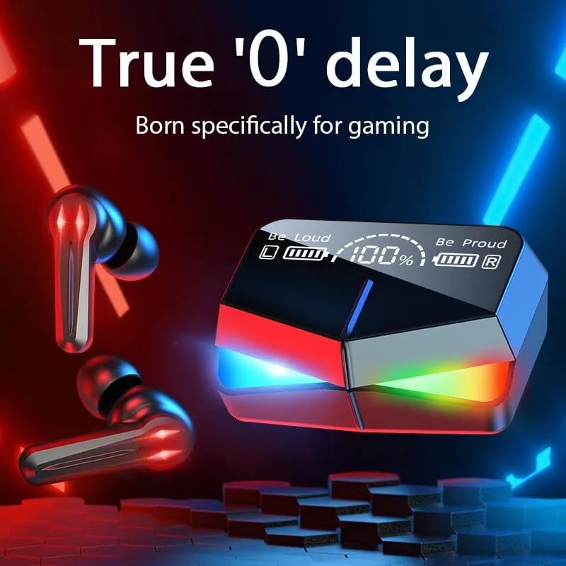 M28 Ultra-Low Latency Gaming Earbuds – Bluetooth 5.3, True ‘0’ Delay Audio, RGB Breathing Lights & Smart LED Digital Power Display
