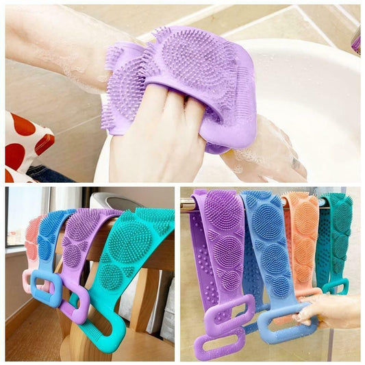 Premium Silicone Body Back Scrubber - Double-Sided Exfoliating Bath Belt with Long Handle - Deep Cleaning Massage Brush for Shower (Multicolor)