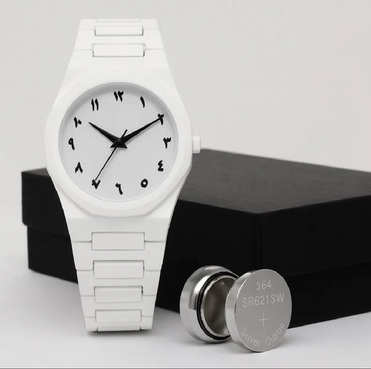 Pure White Arabic Calligraphy Watch – Minimalist Matte Finish Wristwatch for Men & Women