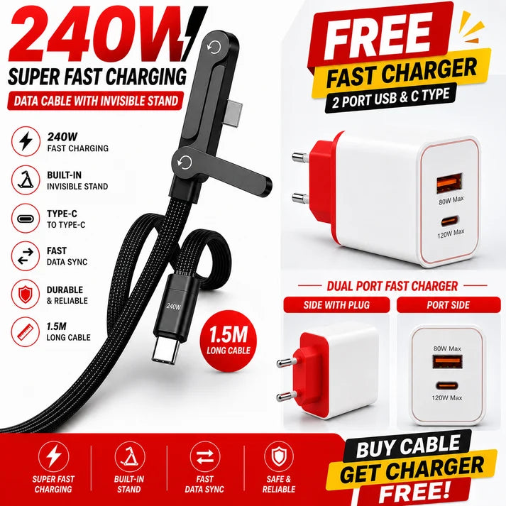240W Super Fast Charging Type-C Data Cable with Built-In Phone Stand + Free 200W GaN Fast Charger