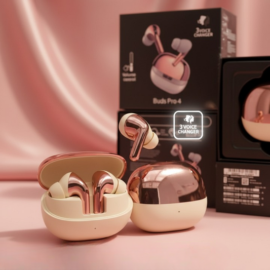 Buds Pro 4 Wireless Earbuds – Luxury Metallic Design, 3-Mode Voice Changer & Hi-Fi Stereo Sound.