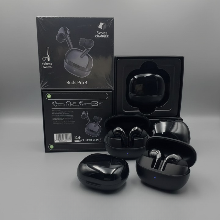 Buds Pro 4 Wireless Earbuds – Luxury Metallic Design, 3-Mode Voice Changer & Hi-Fi Stereo Sound.