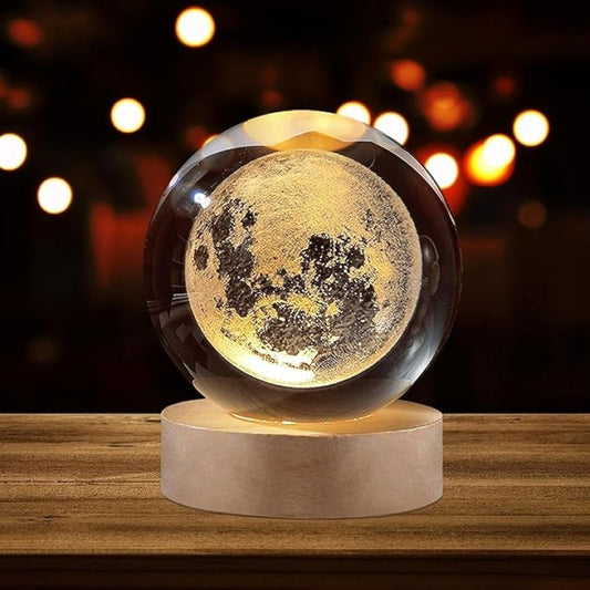 3D Galaxy Crystal Ball Night Light – Laser Engraved Moon Lamp with Warm LED Wooden Base for Home Decor & Gifting