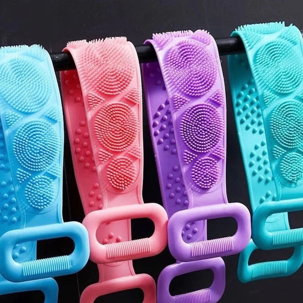 Premium Silicone Body Back Scrubber - Double-Sided Exfoliating Bath Belt with Long Handle - Deep Cleaning Massage Brush for Shower (Multicolor)