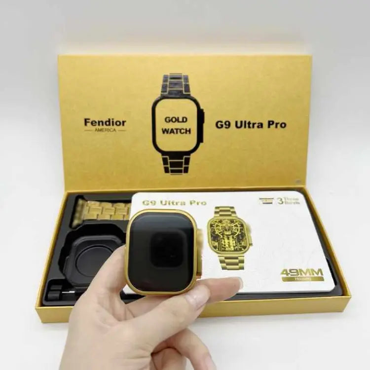 Fendior G9 Ultra Pro Gold Edition Smartwatch – 49mm Luxury Design with 3 Interchangeable Bands