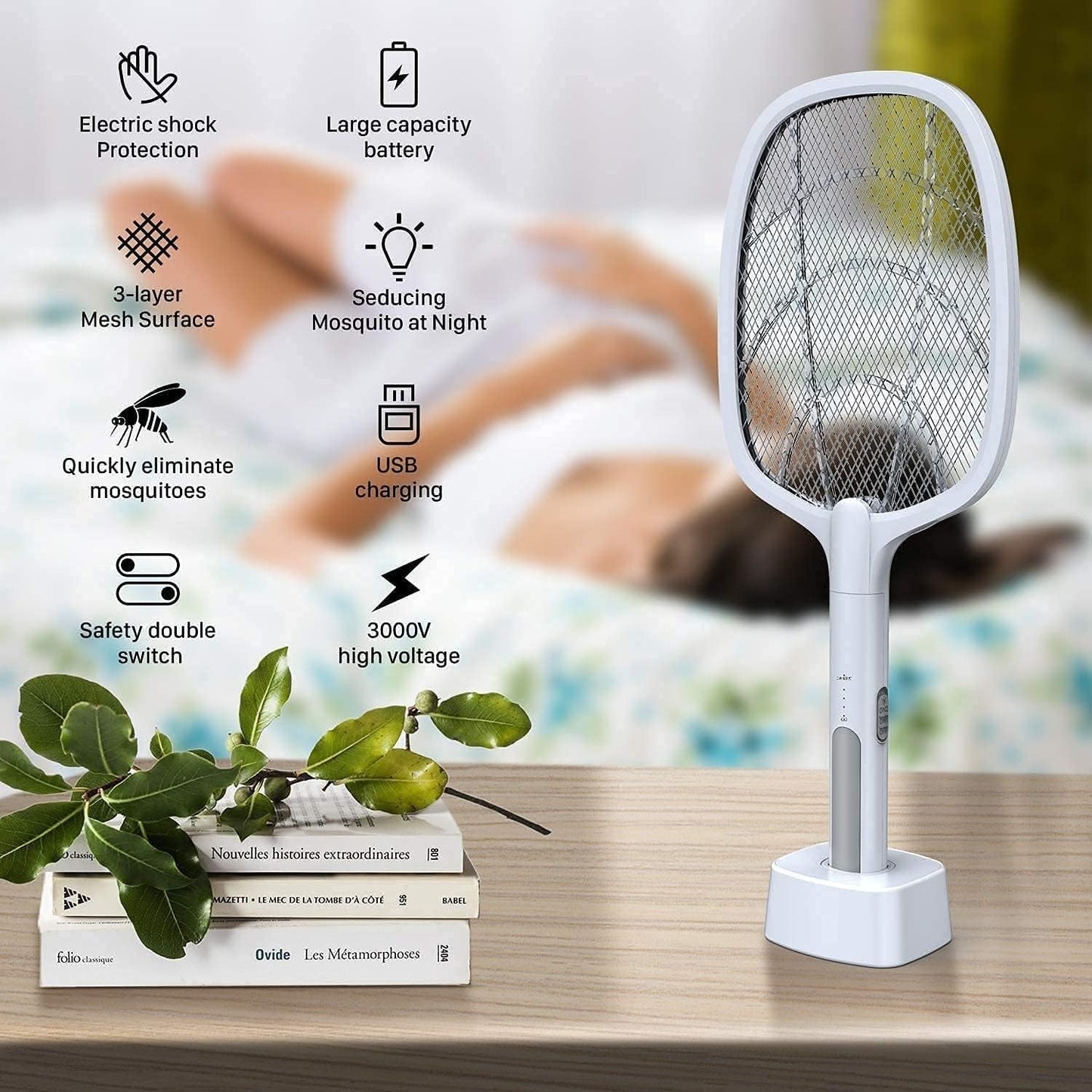 2-in-1 Rechargeable Electric Mosquito Swatter & LED Bug Zapper Lamp – High Voltage Insect Killer with USB Charging Base & Auto-Zapping Mode