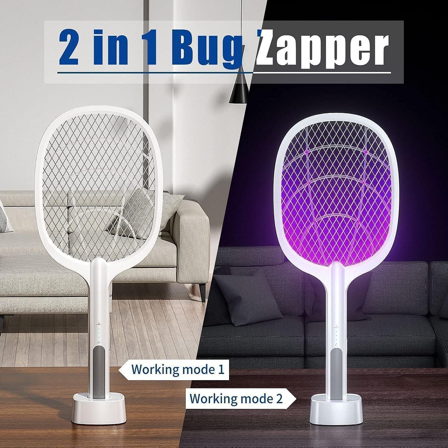 2-in-1 Rechargeable Electric Mosquito Swatter & LED Bug Zapper Lamp – High Voltage Insect Killer with USB Charging Base & Auto-Zapping Mode