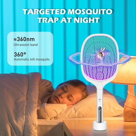 2-in-1 Rechargeable Electric Mosquito Swatter & LED Bug Zapper Lamp – High Voltage Insect Killer with USB Charging Base & Auto-Zapping Mode