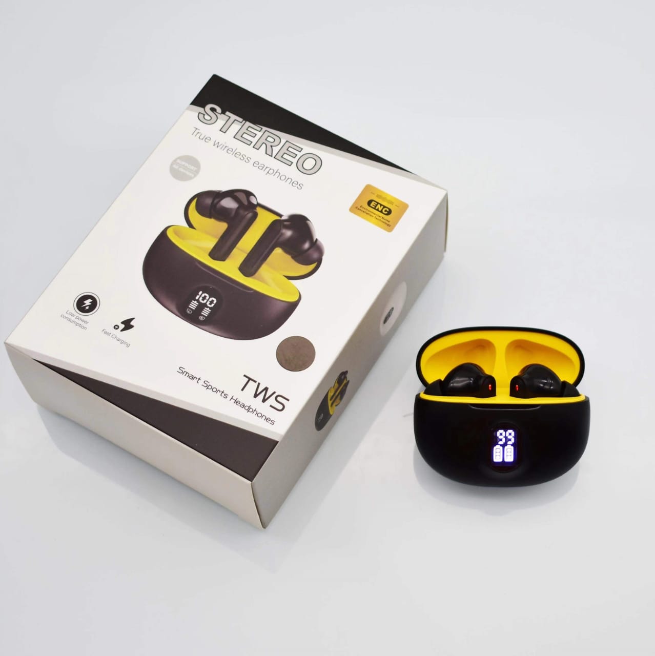 TWS Smart Sports Wireless Earbuds – ENC Noise Cancellation, LED Battery Display & Deep Bass Stereo Sound