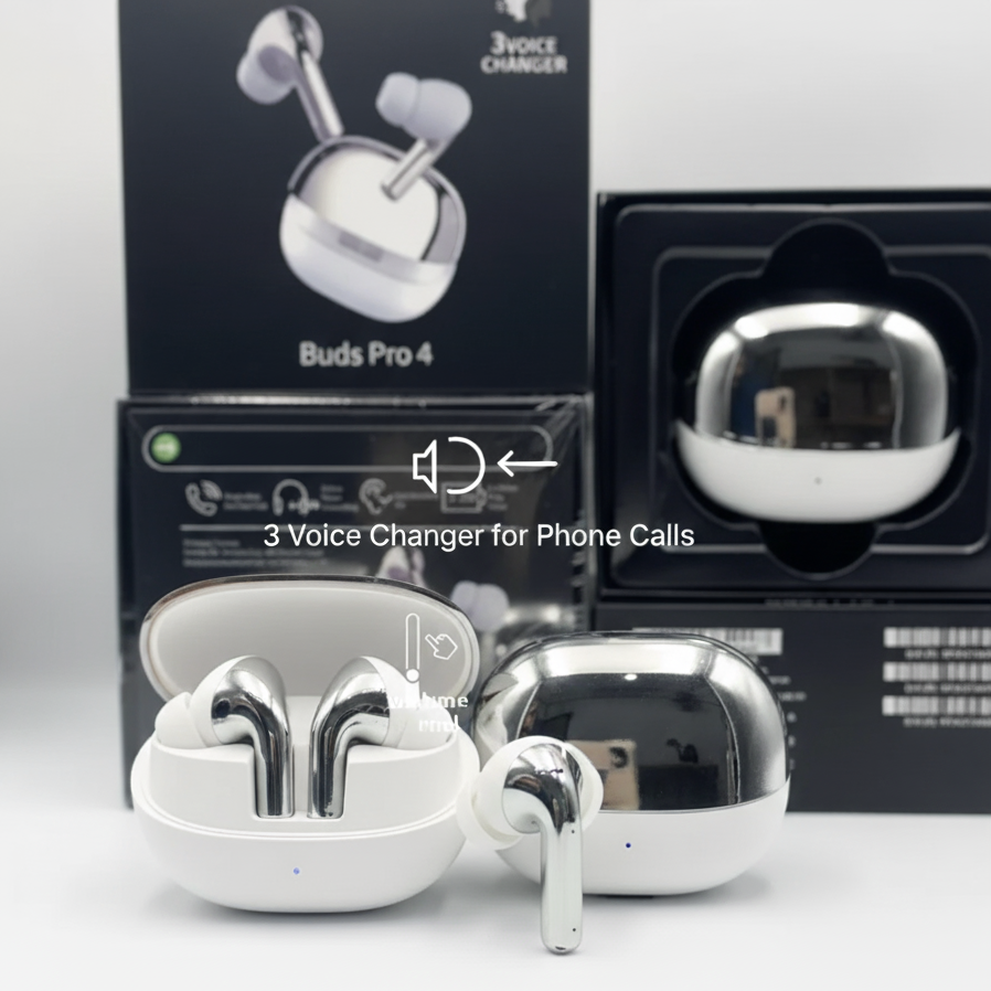 Buds Pro 4 Wireless Earbuds – Luxury Metallic Design, 3-Mode Voice Changer & Hi-Fi Stereo Sound.