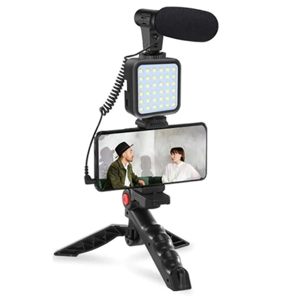 Professional 4-in-1 Smartphone Video-Making Kit (AY-49) – Complete Vlogging Bundle with LED Studio Light, Shotgun Microphone, Tripod Stand, and Bluetooth Remote