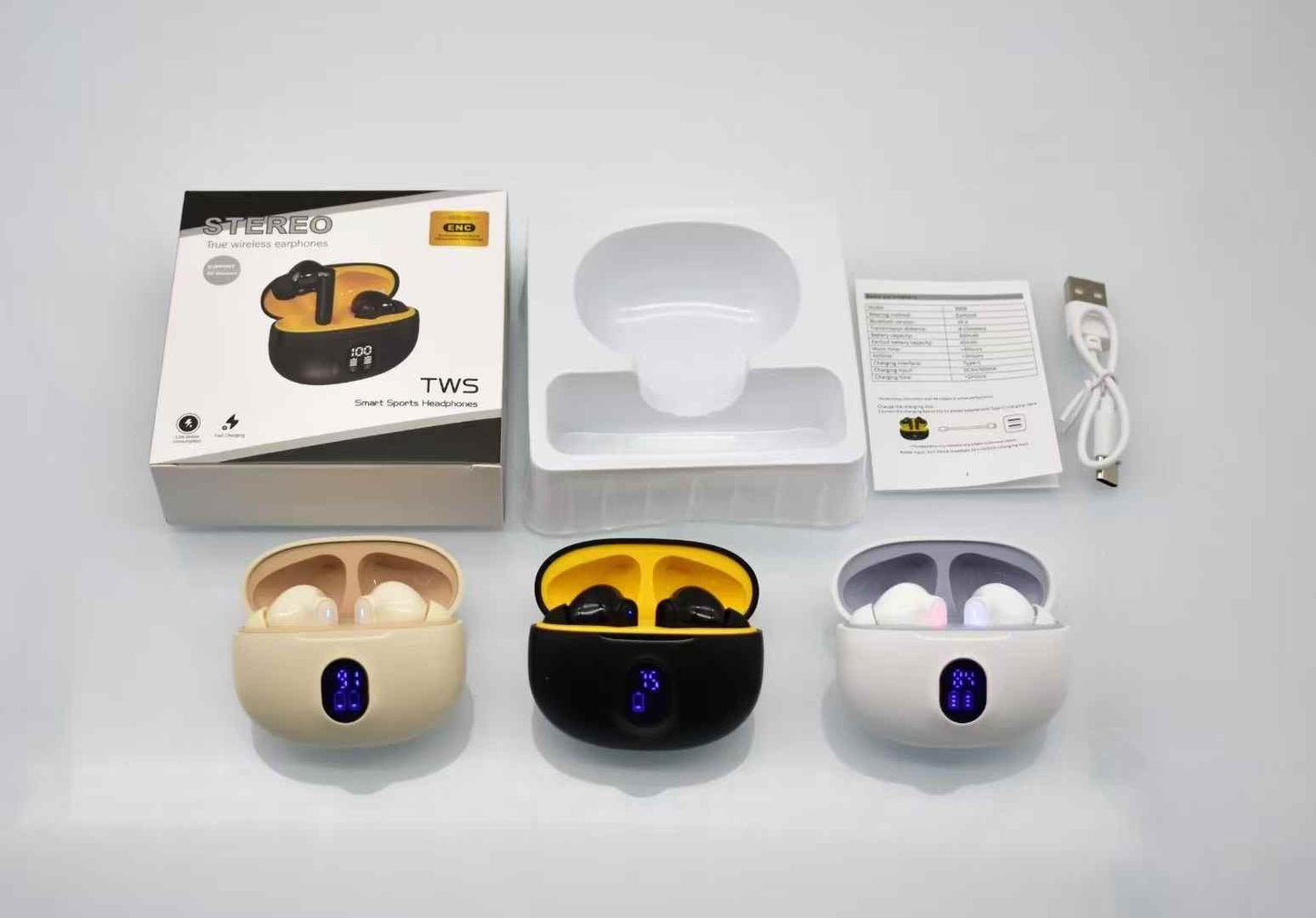 TWS Smart Sports Wireless Earbuds – ENC Noise Cancellation, LED Battery Display & Deep Bass Stereo Sound