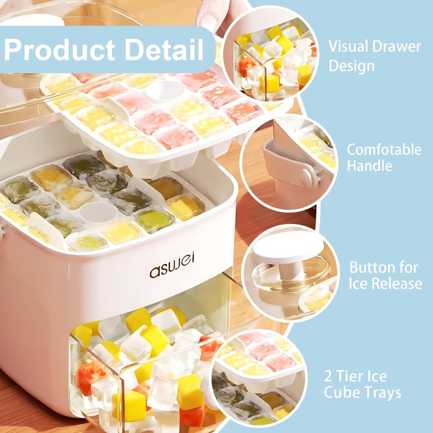 Asujei 2-Tier Ice Cube Maker with One-Button Release – Large Capacity Storage Bin with Visual Drawer & Comfortable Handle.