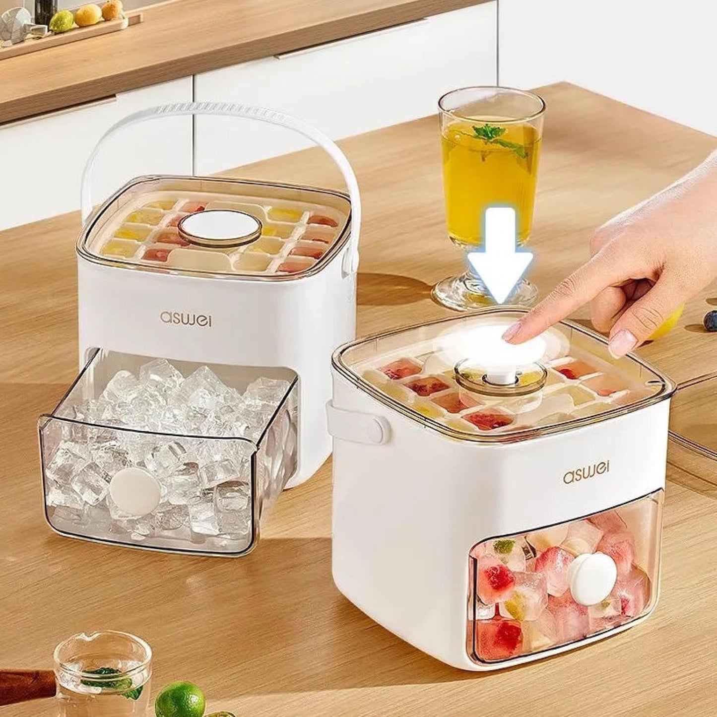 Asujei 2-Tier Ice Cube Maker with One-Button Release – Large Capacity Storage Bin with Visual Drawer & Comfortable Handle.