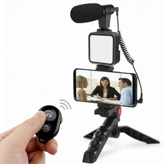 Professional 4-in-1 Smartphone Video-Making Kit (AY-49) – Complete Vlogging Bundle with LED Studio Light, Shotgun Microphone, Tripod Stand, and Bluetooth Remote