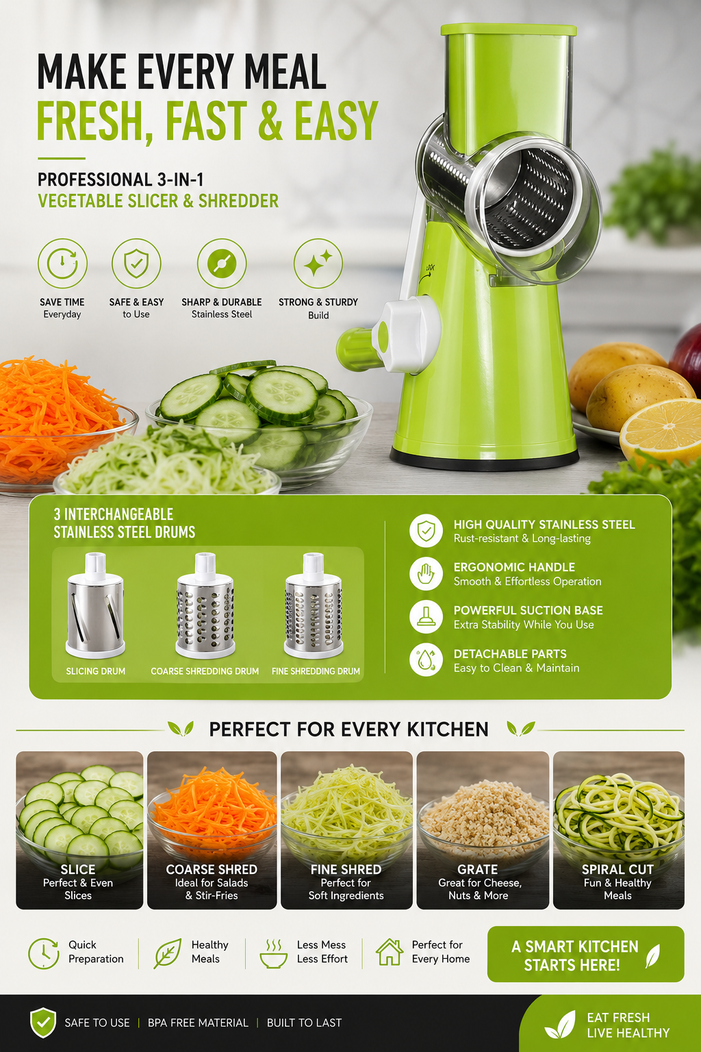 3-in-1 Manual Vegetable Slicer & Shredder – Multi-Function Kitchen Cutter