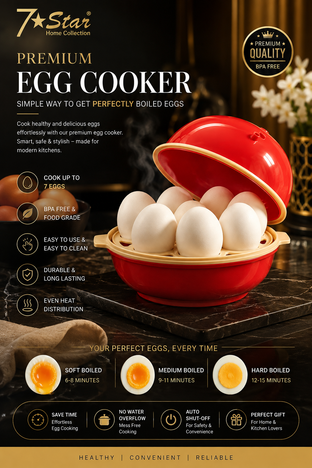 7-Star Premium Egg Cooker – 7 Egg Capacity | Easy & Convenient Boiled Egg Maker