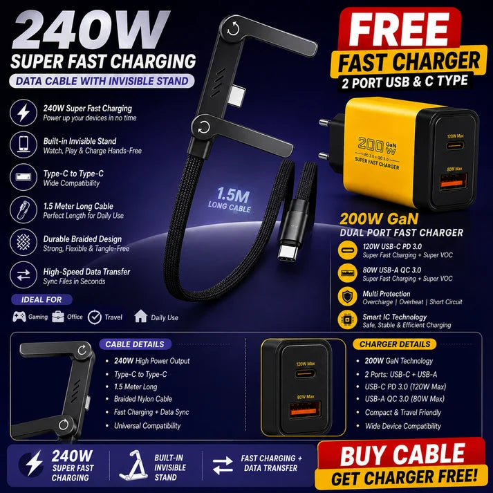 240W Super Fast Charging Type-C Data Cable with Built-In Phone Stand + Free 200W GaN Fast Charger