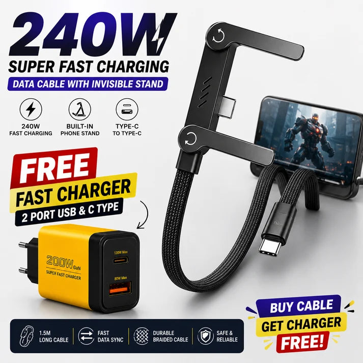 240W Super Fast Charging Type-C Data Cable with Built-In Phone Stand + Free 200W GaN Fast Charger