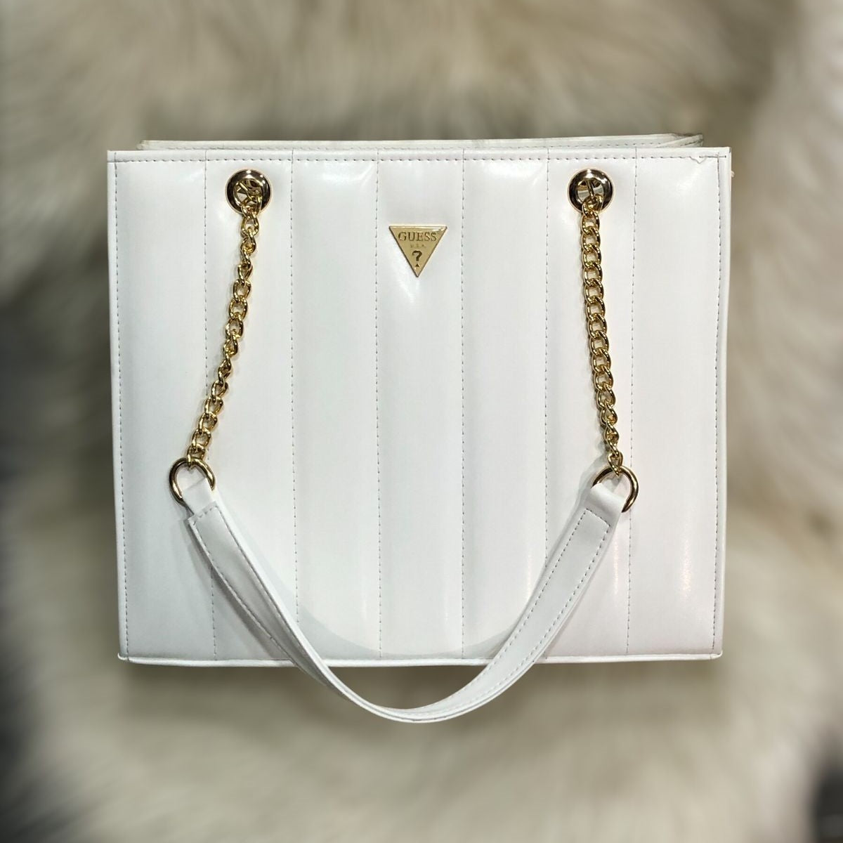 Elegant Quilted Luxury Tote Bag - Premium Vegan Leather Shoulder Bag with Gold-Tone Chain Straps & Iconic Logo Hardware