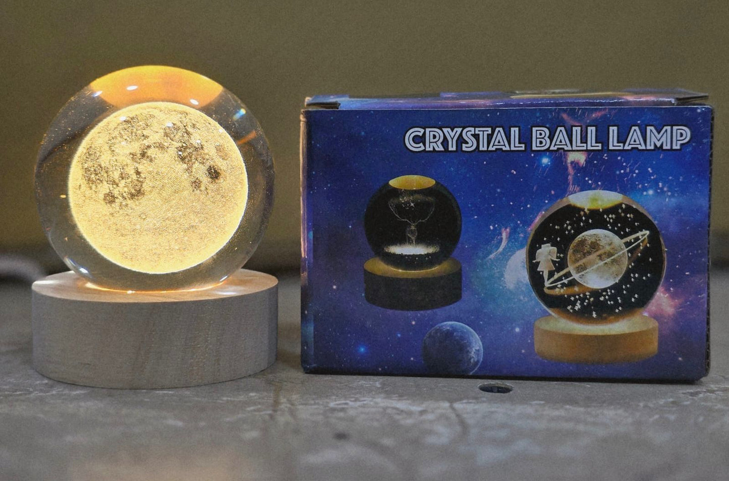 3D Galaxy Crystal Ball Night Light – Laser Engraved Moon Lamp with Warm LED Wooden Base for Home Decor & Gifting