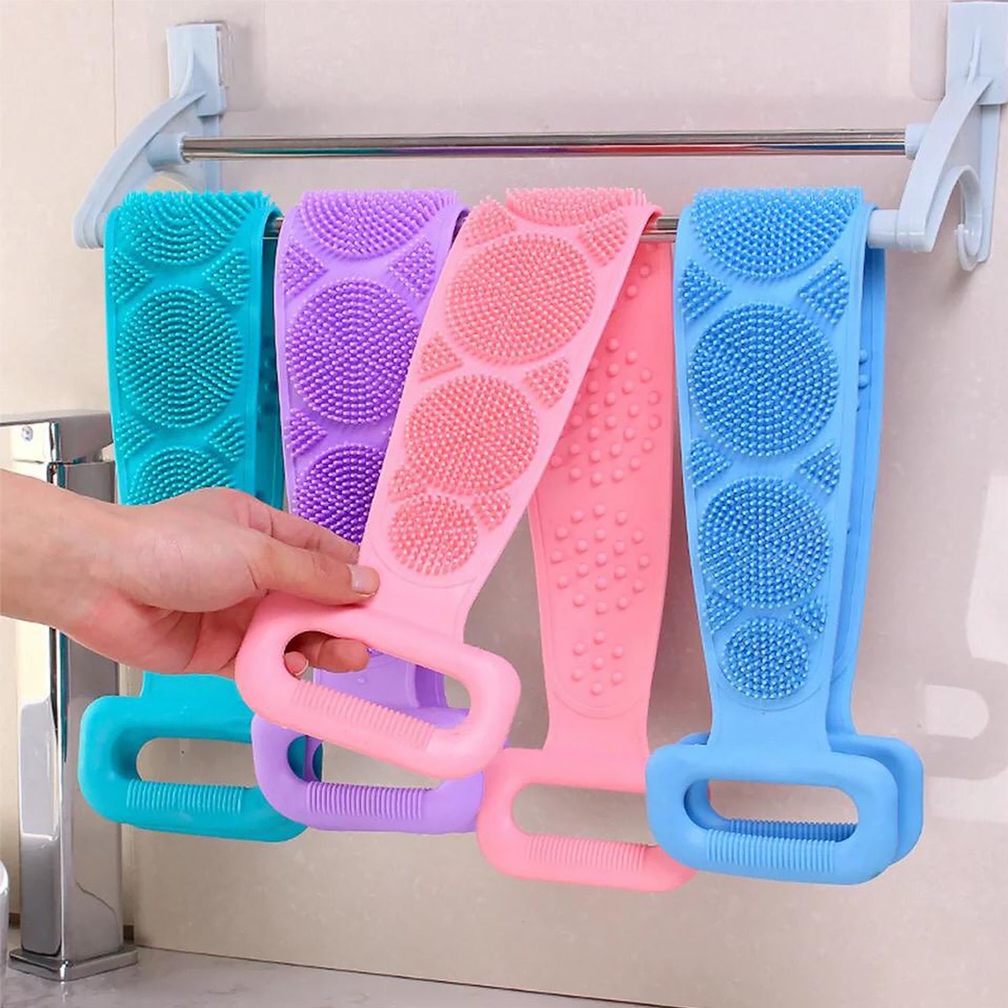 Premium Silicone Body Back Scrubber - Double-Sided Exfoliating Bath Belt with Long Handle - Deep Cleaning Massage Brush for Shower (Multicolor)