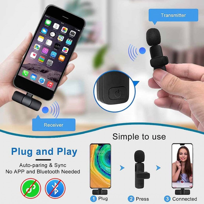 Professional Wireless Lavalier Microphone – Ultra-Low Latency Wireless Mic with Noise Reduction, Plug & Play for iPhone/Android, 20m Range, Crystal Clear Audio for Vlogging, YouTube & Interviews