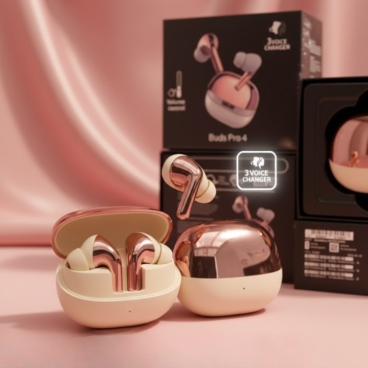 Buds Pro 4 Wireless Earbuds – Luxury Metallic Design, 3-Mode Voice Changer & Hi-Fi Stereo Sound.