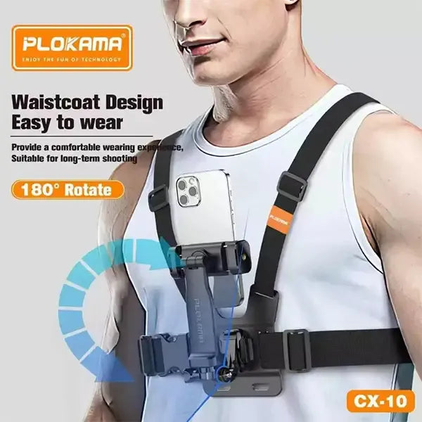 PLOKAMA CX-10 Professional Chest Mount Harness for Smartphones & Action Cameras - 180° Rotation, Adjustable Elastic Straps, First Person View (FPV) Holder for Vlogging, Biking & Sports