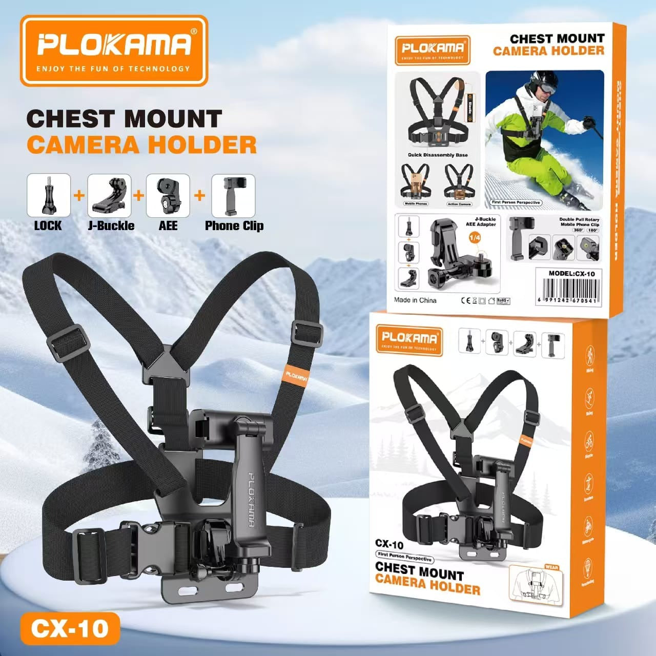 PLOKAMA CX-10 Professional Chest Mount Harness for Smartphones & Action Cameras - 180° Rotation, Adjustable Elastic Straps, First Person View (FPV) Holder for Vlogging, Biking & Sports