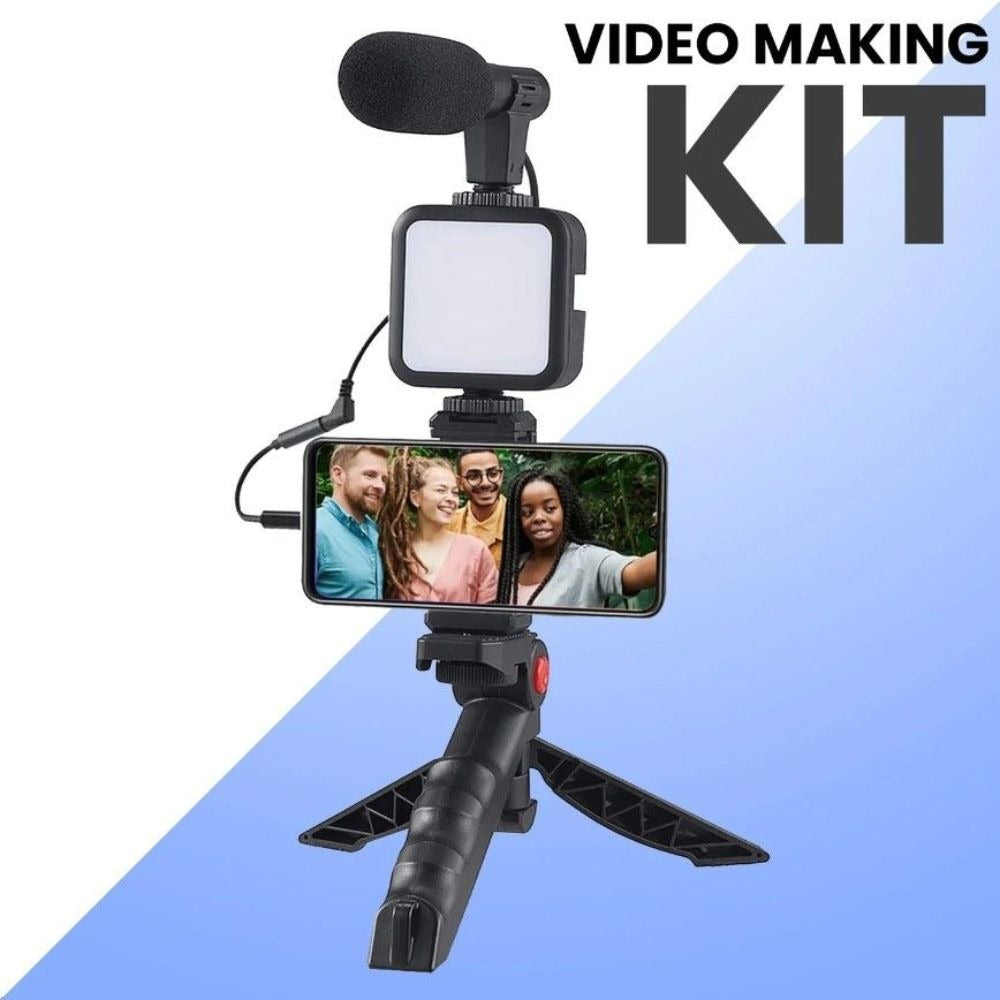 Professional 4-in-1 Smartphone Video-Making Kit (AY-49) – Complete Vlogging Bundle with LED Studio Light, Shotgun Microphone, Tripod Stand, and Bluetooth Remote