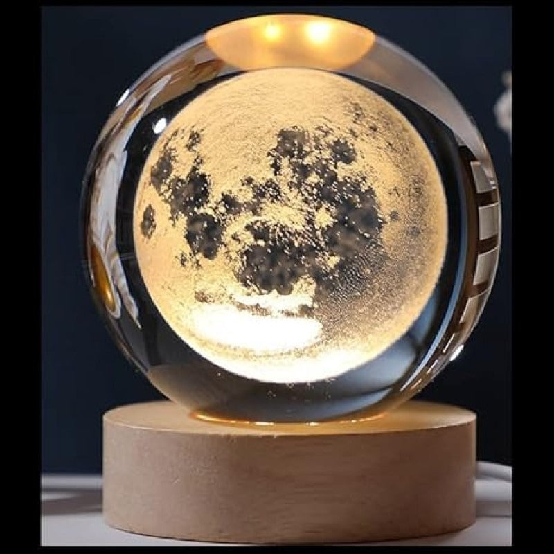 3D Galaxy Crystal Ball Night Light – Laser Engraved Moon Lamp with Warm LED Wooden Base for Home Decor & Gifting
