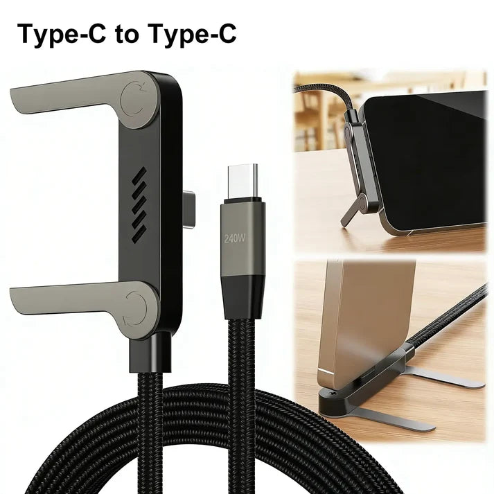 240W Super Fast Charging Type-C Data Cable with Built-In Phone Stand + Free 200W GaN Fast Charger
